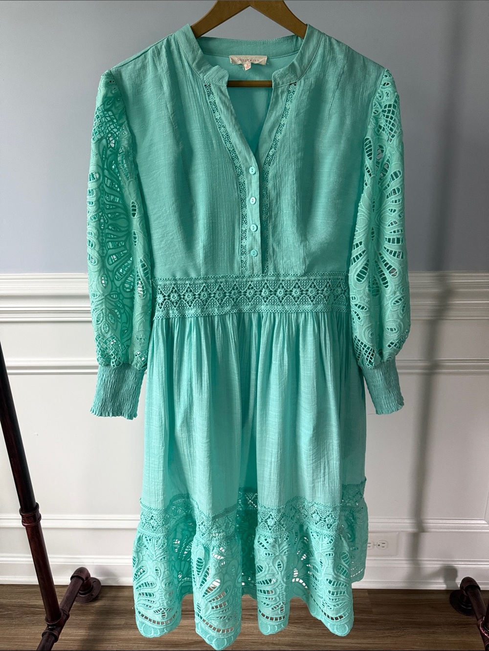 Solitare Mint Aqua Green Boho Lace Smoked Cuff Cottagecore Tunic Dress L Large